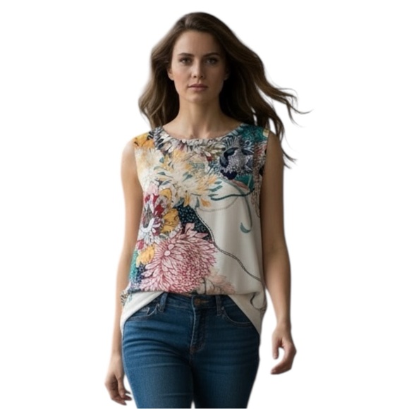 Rose & Olive Tops - Rose + Olive Sleeveless Graphic Floral Asymmetrical Women's Top in Cream M